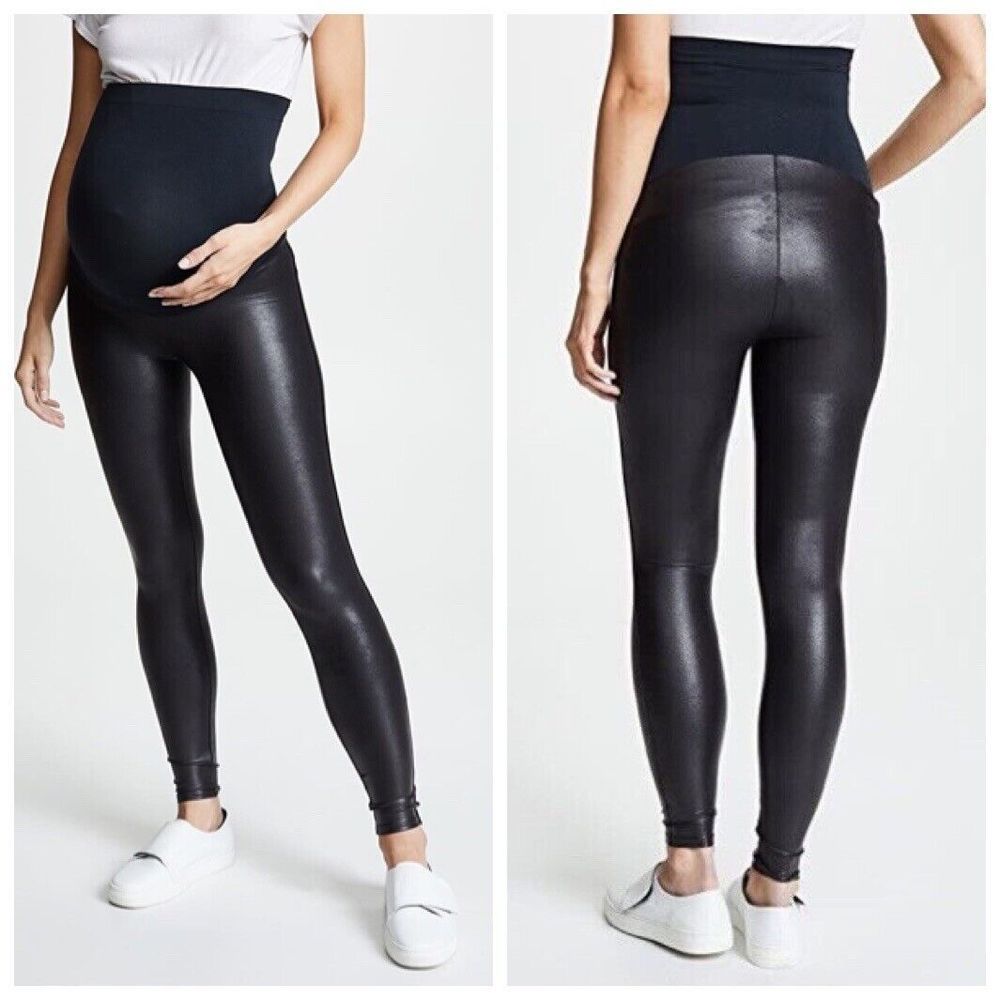 SPANX Mama Faux Leather Leggings Black Cropped 20201R Women’s Maternity Size S